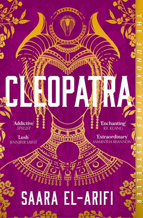 Text: Cleopatra, Lush Jennifer Saint, A masterpiece R.F. Kuang, Saara El-Arifi, The No.1 Bestselling Author. Illustration mit goldenen und blauen Mustern.