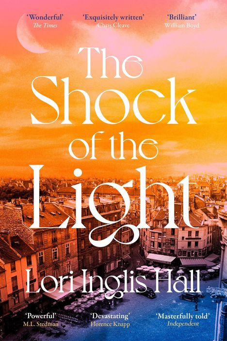 Der Text sagt: „THE SHOCK OF THE LIGHT“ von Lori Inglis Hall. Im Hintergrund laufen eine Frau und ein Mann.
