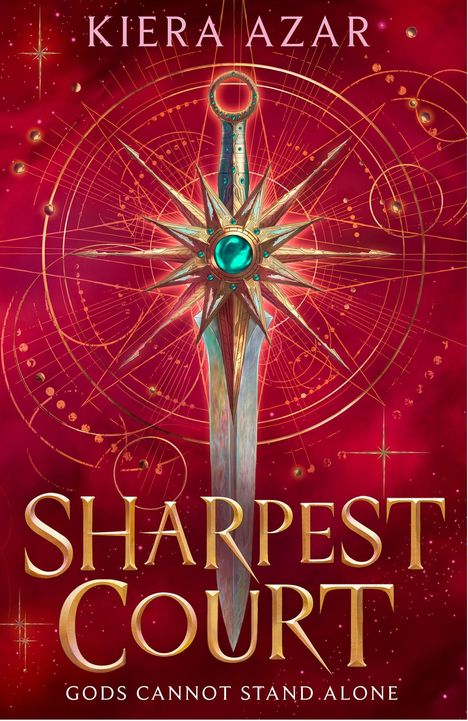 Titel: "Sharpest Court", Untertitel: "Gods Cannot Stand Alone", eine dekorative Klinge mit smaragdgrünem Juwel ziert die Mitte.