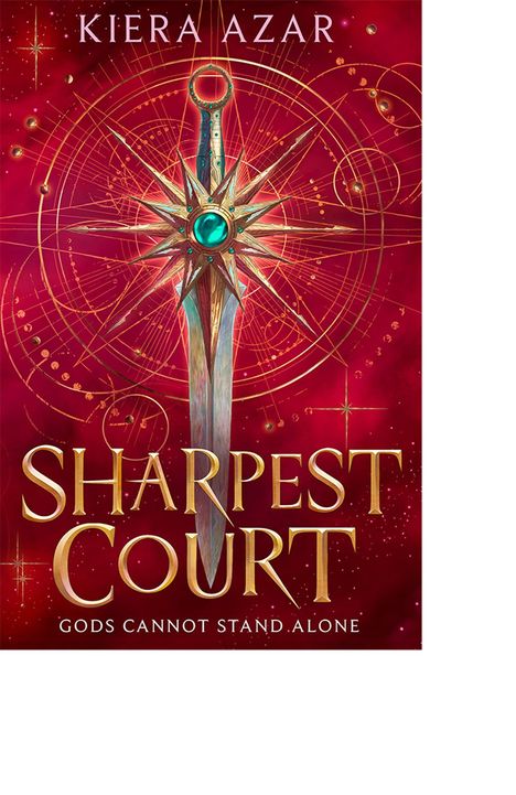 Text: "Kiera Azar. Sharpest Court. Gods Cannot Stand Alone." Illustration: Schwert mit strahlendem Stern und Edelstein auf rotem Hintergrund.