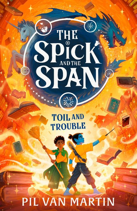 "The Spick and the Span," "Toil and Trouble," "Pil Van Martin", Illustration mit Drache, Einhorn, Büchern, zwei Figuren mit Besen.