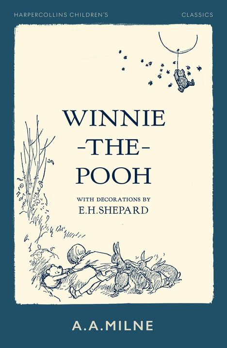 "Winnie-the-Pooh, with decorations by E.H. Shepard". Illustration: Winnie hängt an einem Ballon von Bienen umgeben.