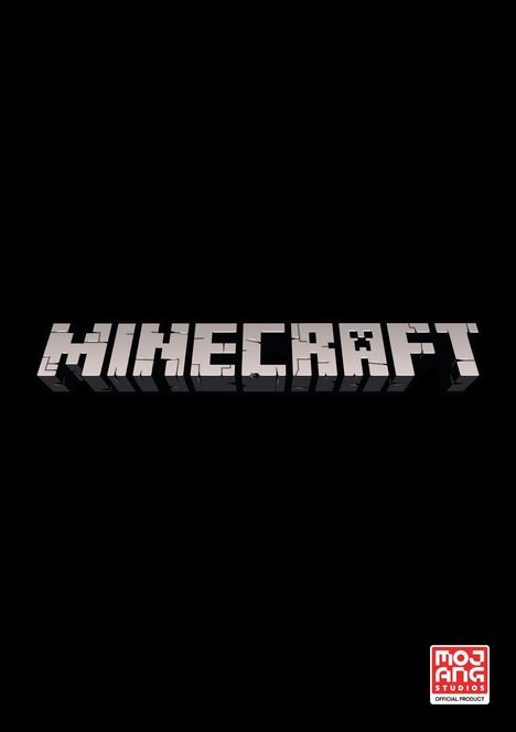 Der zentrale Text lautet "MINECRAFT" in blockartigen, grauen Buchstaben auf schwarzem Hintergrund. Unten steht "MOJANG".