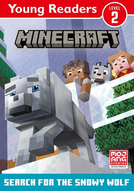 "Young Readers Level 2: Minecraft - Search for the Snowy Wolf." Blockartige Figuren und ein Wolf in winterlicher Landschaft.