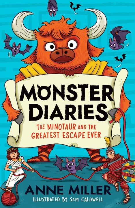 "MONSTER DIARIES: THE MINOTAUR AND THE GREATEST ESCAPE EVER". Illustration: Ein rotes Monster hält eine Schriftrolle, umgeben von Fledermäusen. Darunter eine Figur im weißen Gewand und ein Krieger.