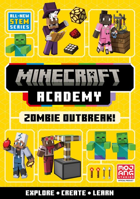 "All-New STEM Series", "MINECRAFT ACADEMY", "Zombie Outbreak!", bunte quadratische Figuren mit Pixel-Design, gelber Hintergrund.
