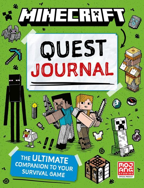 "Minecraft Quest Journal" steht groß drauf. Zwei Figuren mit Schwert in der Mitte, rechts ein Creeper, links ein Enderman.