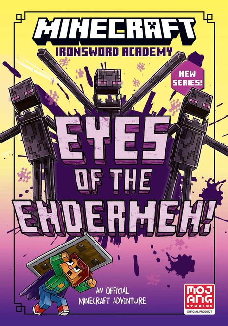 Text: "MINECRAFT IRONSWORD ACADEMY", "EYES OF THE ENDERMEN!", "NEW SERIES!", "AN OFFICIAL MINECRAFT ADVENTURE". Endermen-Illustration.