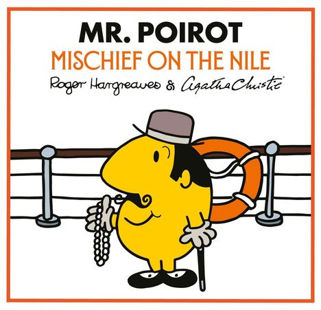 MR. POIROT, MISCHIEF ON THE NILE. Illustration eines gelben Charakters mit Hut, Perlenkette, Spazierstock und Rettungsring.