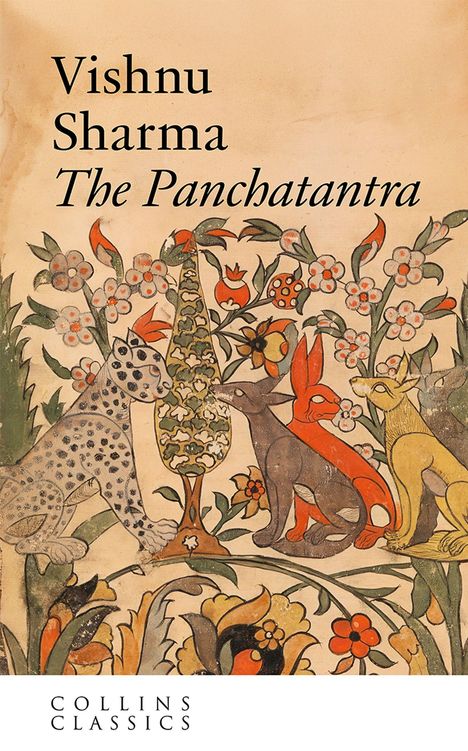 Text: Vishnu Sharma, Panchatantra. Darunter vier Tiere vor einer mit Blumen geschmückten Kulisse, stilisierte Illustration.