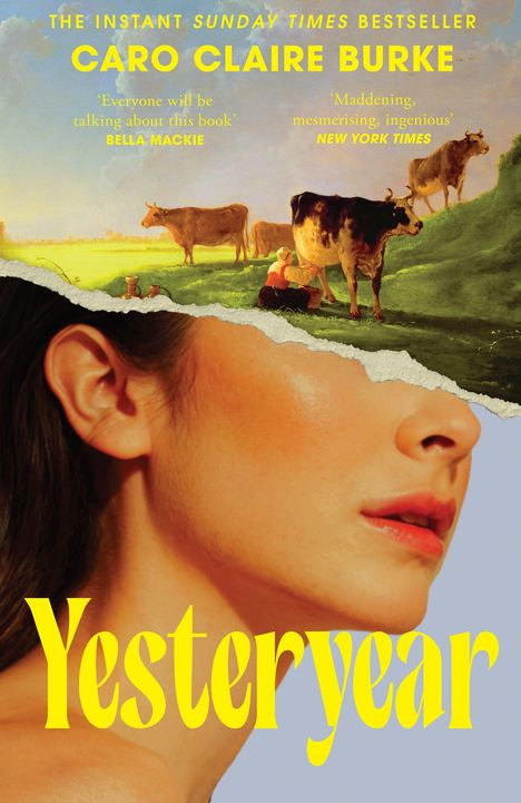 "Yesteryear", ein Gesicht im Profil, darüber eine ländliche Szene mit Kühen und einer Person die melkt.