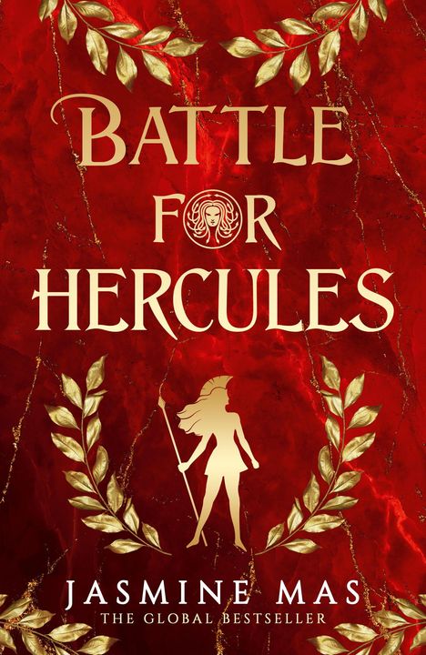 "Battle for Hercules" und "Jasmine Mas The Global Bestseller" in goldener Schrift auf rotem Hintergrund.