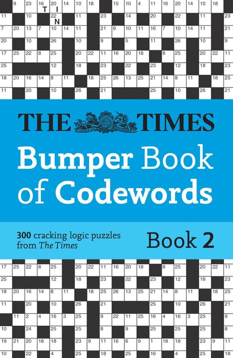 Text: "The Times Bumper Book of Codewords, Book 2, 300 cracking logic puzzles." Kreuzworträtselgitter im Hintergrund.