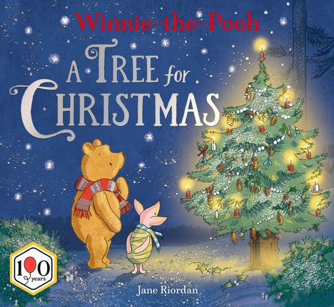 Texte: "Winnie-the-Pooh", "A Tree for Christmas", "Jane Riordan". Bär und Schweinchen betrachten geschmückten Weihnachtsbaum.