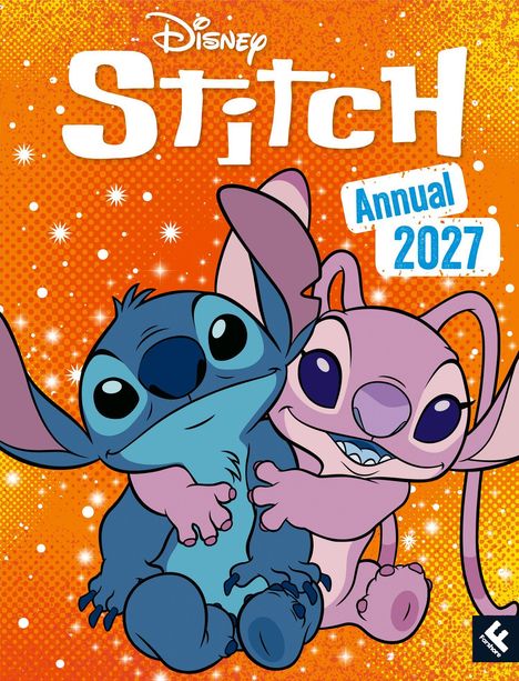„Disney Stitch Annual 2027“. Zwei cartoonhafte Wesen, eines blau, eines rosa, sitzen fröhlich miteinander.