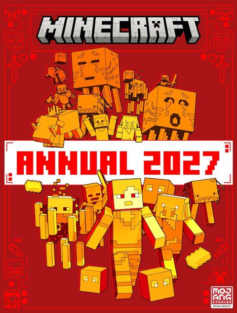 Text: "Minecraft Annual 2027". Illustration mit würfelförmigen Figuren auf rotem Hintergrund. Mojang Studios-Logo unten.