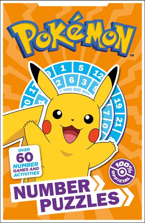 Text: "Pokémon", "Over 60 Number Games and Activities", "Number Puzzles", "100% Official". Illustration von Pikachu, orange Hintergrund.
