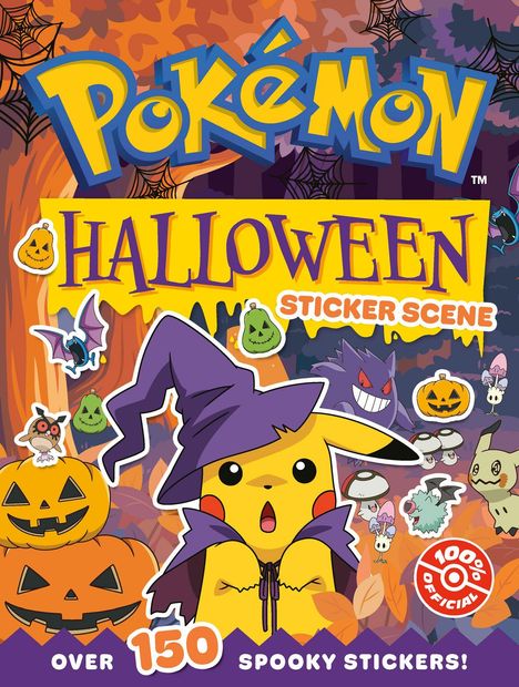 "Pokémon Halloween Sticker Scene", "Über 150 gruselige Sticker!" Illustration: Pikachu mit Hexenhut, Kürbisse und Geistermotiv.