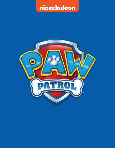 Text: "nickelodeon", "PAW PATROL". Illustration mit einem Schild und einer Pfote auf blauem Hintergrund.