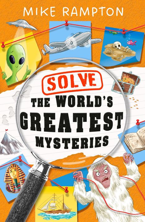 Titel: "SOLVE THE WORLD'S GREATEST MYSTERIES". Illustrationen: UFO, Yeti, Mumie, Flugzeug, Schatztruhe.