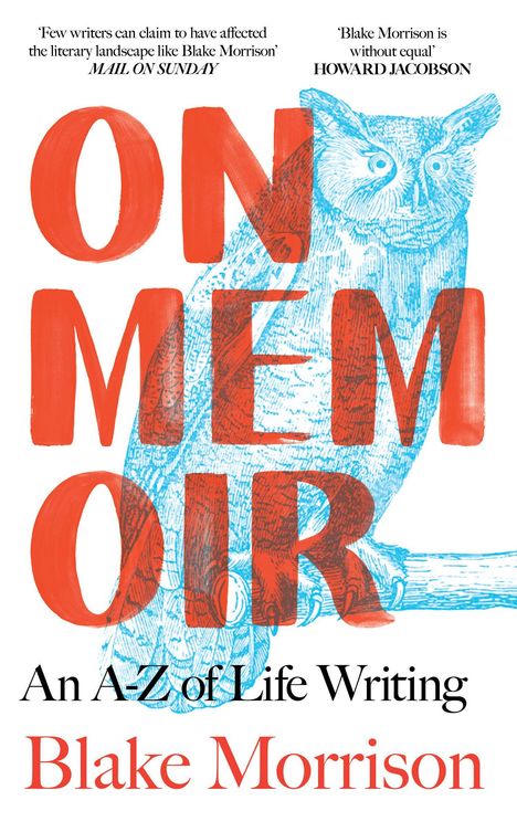Texte: "ON MEMOIR", "An A-Z of Life Writing", "Blake Morrison". Eine Eule in hellblauem Ton sitzt auf einem Ast.