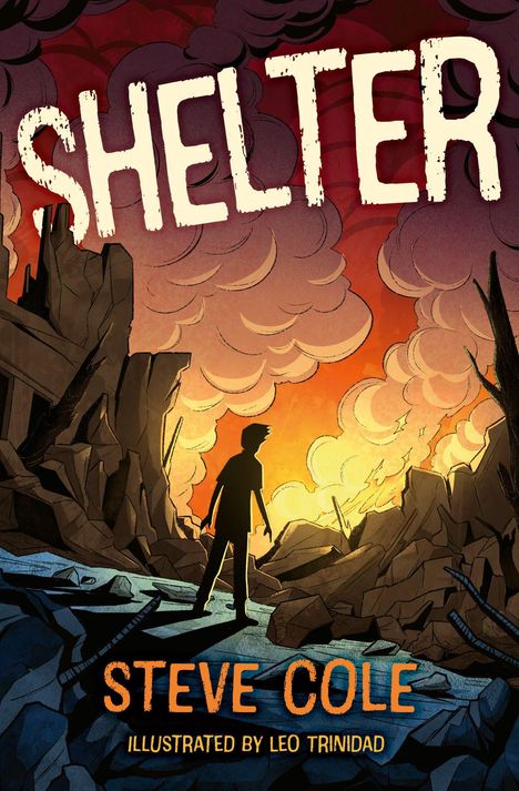 "SHELTER" steht oben, darunter "STEVE COLE" und "ILLUSTRATED BY LEO TRINIDAD". Ein Junge steht vor rauchigen Trümmern bei Sonnenuntergang.
