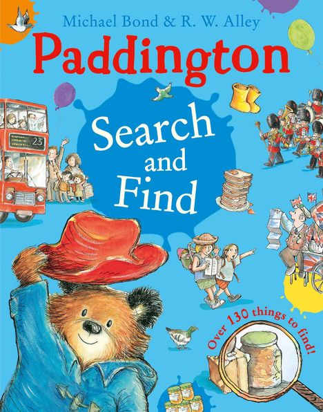 Paddington, Search and Find. Ein fröhlicher Bär hebt seinen roten Hut, umgeben von London-Szenen und Figuren.