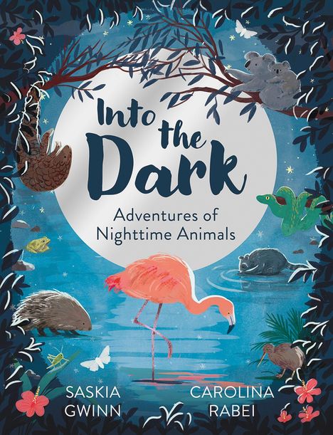 "Into the Dark: Adventures of Nighttime Animals" steht über einer Illustration mit Tieren in einem nächtlichen Wald.