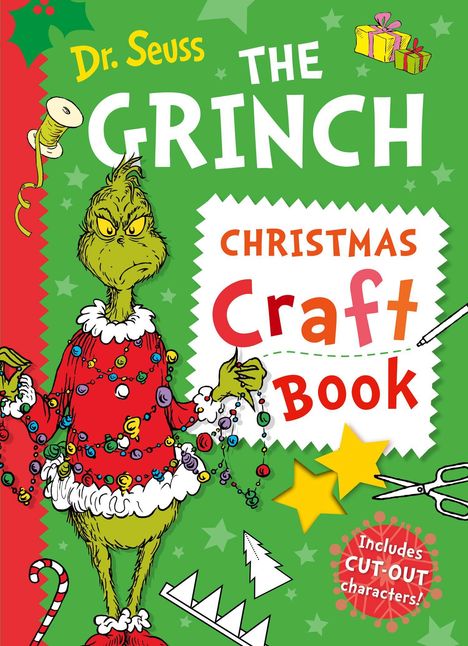 "Dr. Seuss The Grinch Christmas Craft Book" in bunten Buchstaben. Grinch im roten Pullover, umgeben von Bastelmotiven.