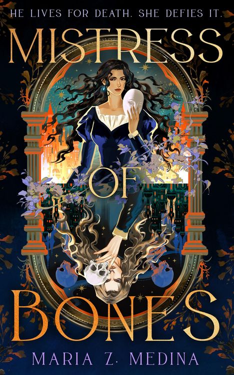 "HE LIVES FOR DEATH. SHE DEFIES IT. MISTRESS OF BONES. MARIA Z. MEDINA." Illustration: Frau mit Maske, Spiegelbild hält Schädel.
