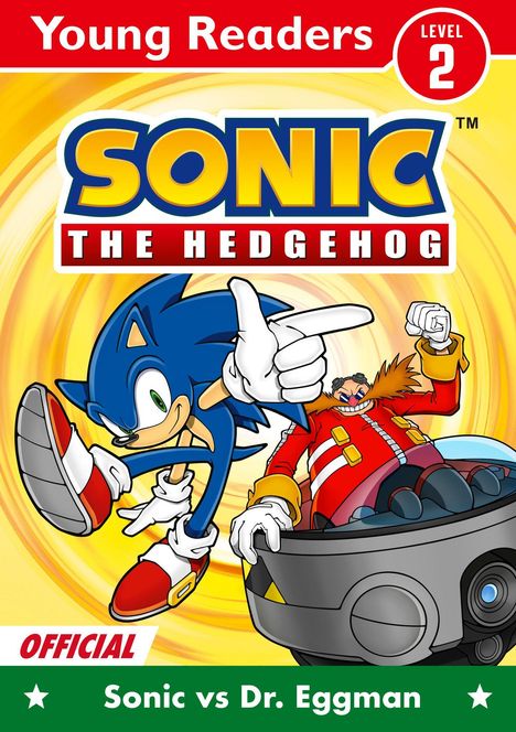 "Young Readers Level 2", "SONIC THE HEDGEHOG". Illustration: Sonic springt, Dr. Eggman in Maschine. Text: "Sonic vs Dr. Eggman".