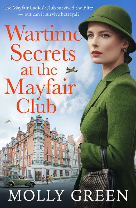 Titel: "Wartime Secrets at the Mayfair Club". Frau in grünem Mantel, Flugzeuge am Himmel, Gebäude im Hintergrund.