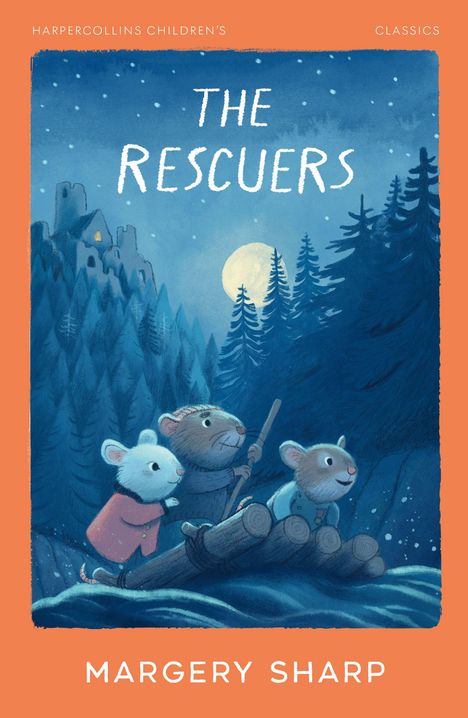 "The Rescuers" und "Margery Sharp". Drei Mäuse auf einem Floß unter einem Sternenhimmel, mit einem Schloss im Hintergrund.