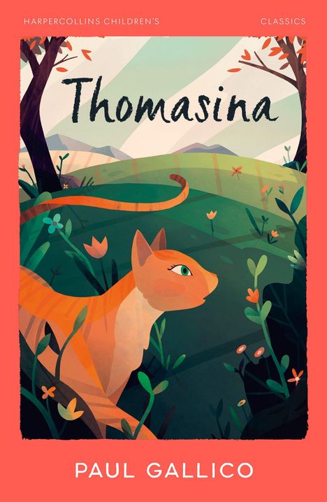 "Thomasina" in geschwungener Schrift, Illustration einer orangen Katze in einer grünen Landschaft mit Blumen.