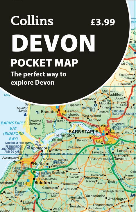 Collins Devon Pocket Map, Preis £3.99. Die perfekte Art, Devon zu erkunden. Kartendetails von Devon mit Straßen und Orten.