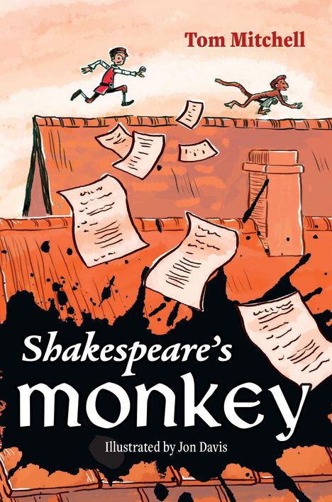 "Shakespeare's monkey" oben ein laufender Mann, daneben ein Affe, fliegende Blätter auf orange-rotem Dach, Kamin.