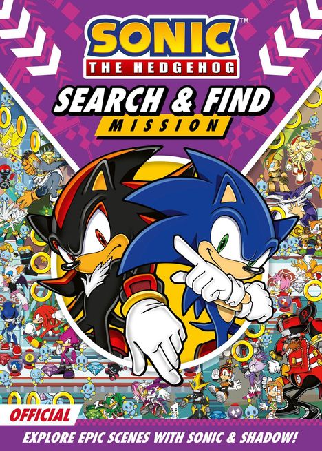 "Sonic the Hedgehog Search & Find Mission". Sonic und Shadow in der Mitte, umgeben von lebhaften Charakteren.