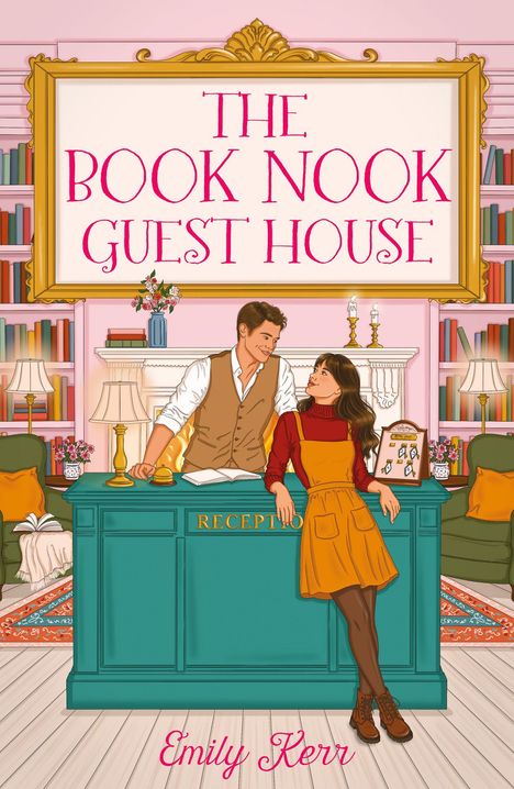 Text oben: "The Book Nook Guest House". Illustration von einer Frau und einem Mann an einem Rezeptionstisch. Bücherregale im Hintergrund.