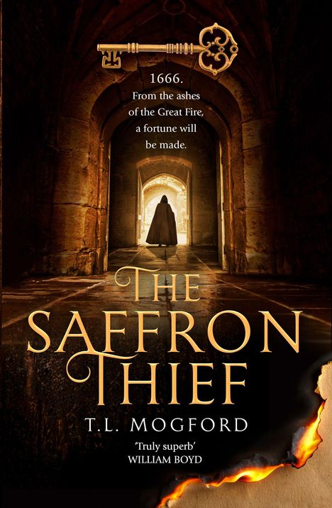 "1666. From the ashes of the Great Fire, a fortune will be made." Goldener Schlüssel, dunkler Gang, Silhouette einer Person.