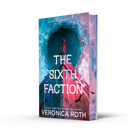 Der Text lautet: "The Sixth Faction, Veronica Roth." Eine Person steht auf einer Pyramide vor einem mystischen Hintergrund.
