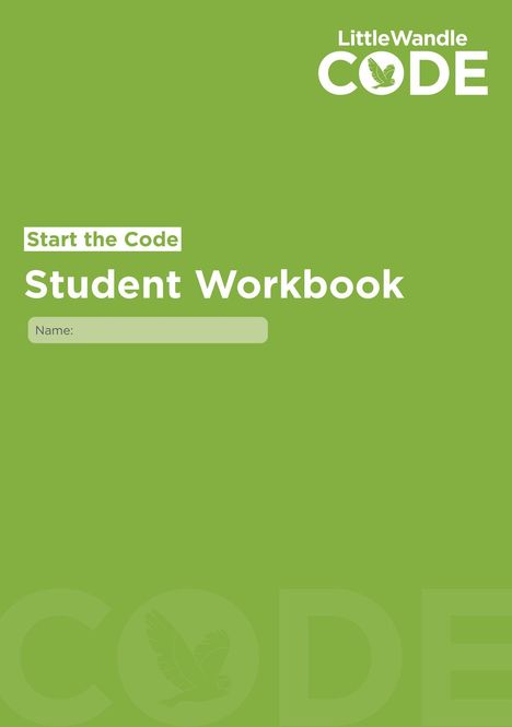Text: "Start the Code", "Student Workbook", "Name:", "Little Wandle CODE". Grüner Hintergrund mit Logo und Eule.