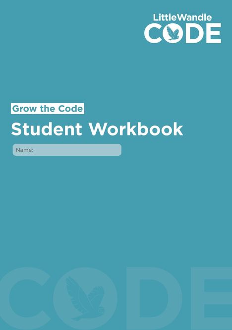 Ein türkisfarbenes Cover mit den Texten: "Grow the Code", "Student Workbook", "Name:", und "Little Wandle CODE" mit Logo.