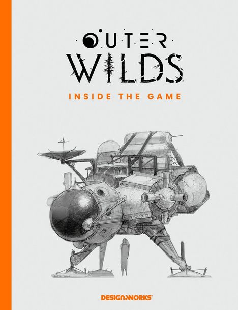 "OUTER WILDS INSIDE THE GAME" steht über einer skizzenhaften Illustration eines futuristischen Raumschiffs.
