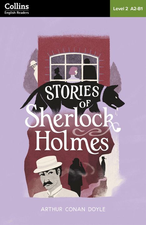 „Stories of Sherlock Holmes“, „Arthur Conan Doyle“, Illustration mit Hund, Personen im Fenster und einem Mann im Hut.