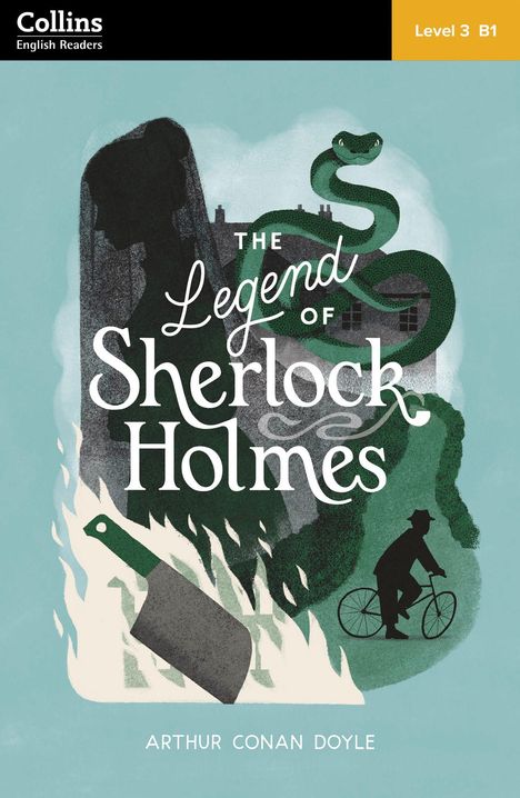 Titel: The Legend of Sherlock Holmes. Illustration mit einem grünen Schlangenmuster, einer Frauensilhouette, Messer und Radfahrer.