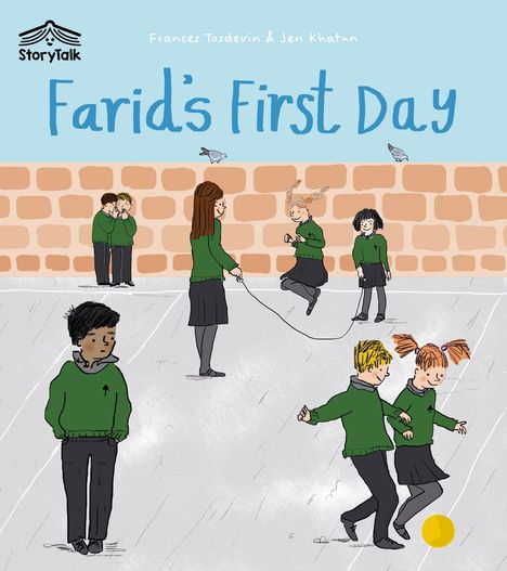 "Farid's First Day". Kinder spielen fröhlich im Schulhof, einige springen Seil, andere spielen Ball. Eine Grafikillustration.
