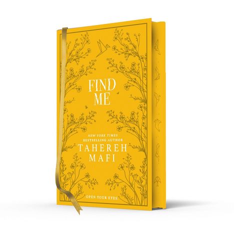 "FIND ME" von Tahereh Mafi, gelbes Buchcover mit floralen Mustern und Origami-Motiven. Buch zeigt ein Lesezeichen.