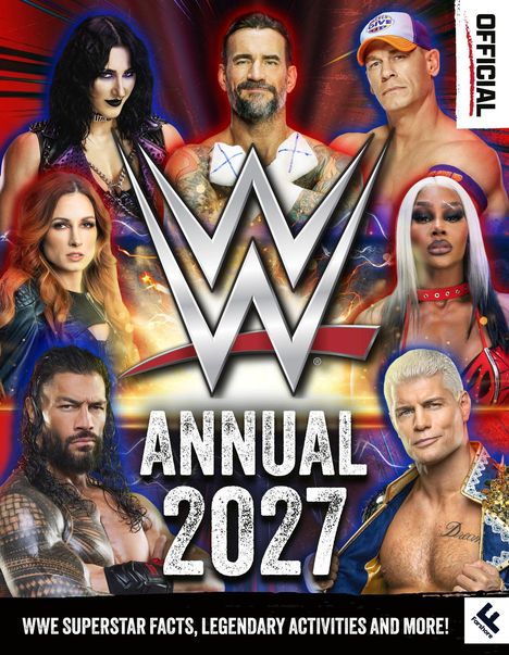 „WWE ANNUAL 2027“. Diverse Wrestler umgeben ein großes WWE-Logo; unten „WWE SUPERSTAR FACTS, LEGENDARY ACTIVITIES AND MORE!“.