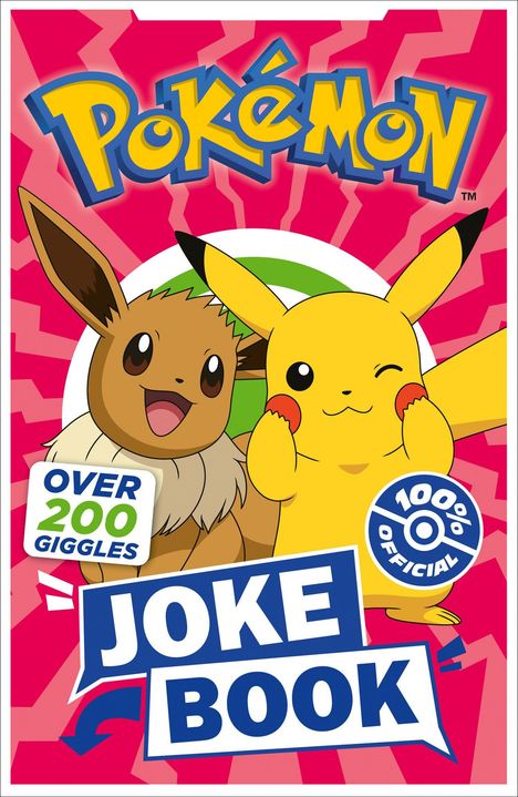 „Pokémon Joke Book“, „Over 200 Giggles“, „100% Official“. Pikachu und Evoli vor pinkem Hintergrund.