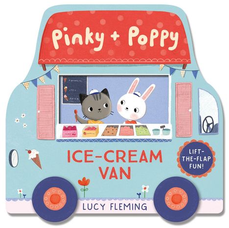 "Pinky + Poppy" auf rotem Schild, "ICE-CREAM VAN" darunter. Zwei Figuren, Katze und Hase, verkaufen Eis aus einem Wagen.